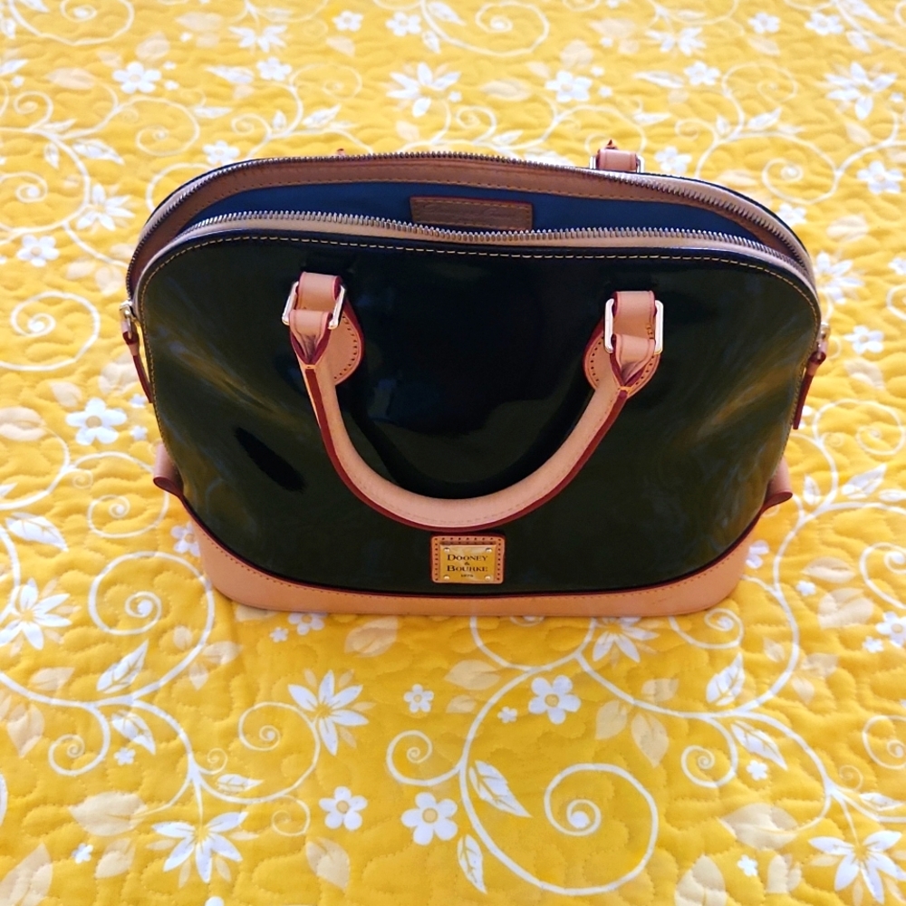 Dooney and Bourke black and tan patent leather handbag